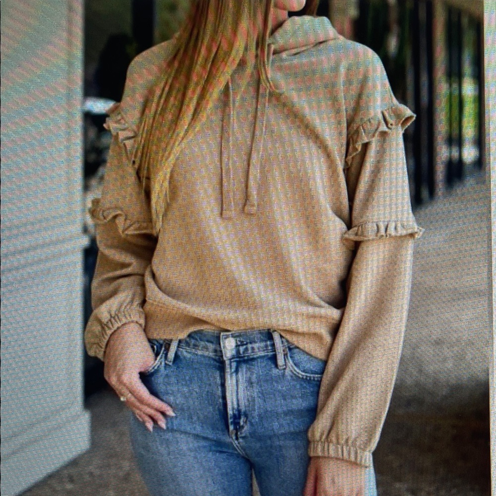 Spring Beach Sloughy Tan Evelyn Ruffle Sleeve Hoodie OVERSIZED XS Made in USA